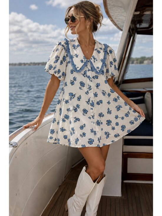 unbranded Dresses & Skirts - Poppy Collared Mini Dress Blue floral Print Size Small Ruffled Peter Pan Collar